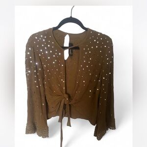 Free People Olive Green Tie Front Mirror embelished long sleeve Blouse